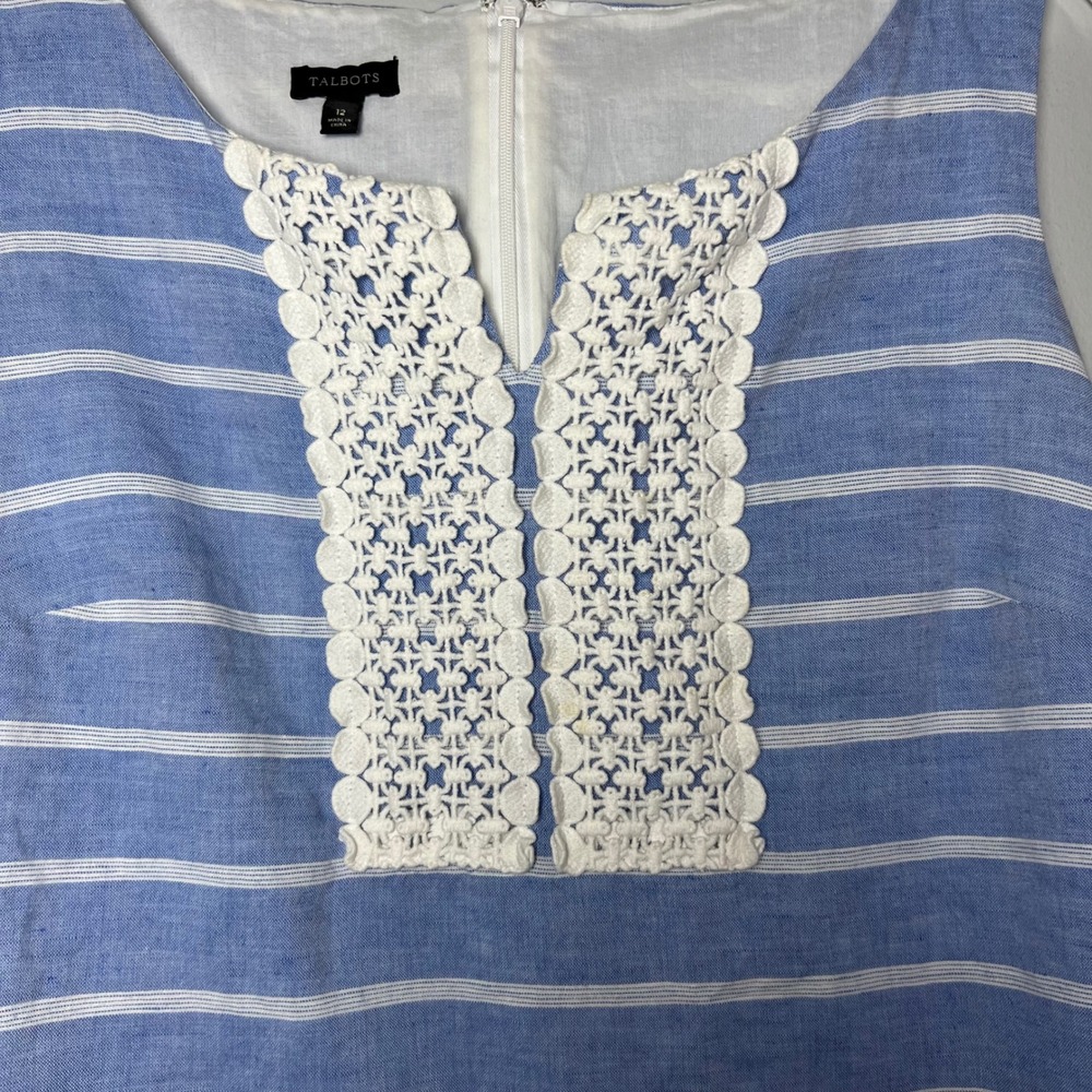 Talbots Womens Blue White Striped Linen Cotton Shift Dress Crochet Lace Trim 12 - Picture 3 of 7